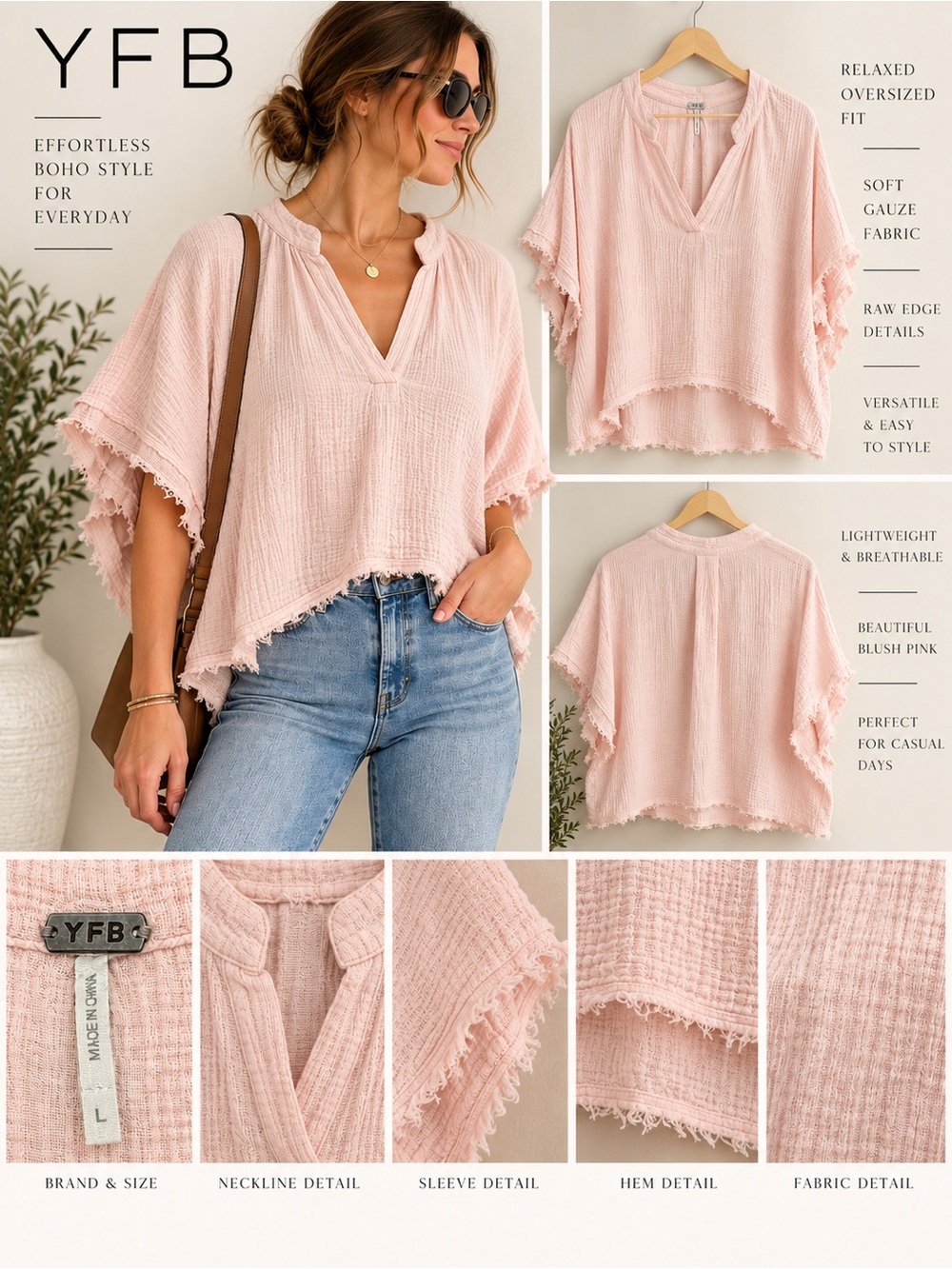 YFB Pale Pink Gauze Oversized Raw Edge Boho Top L